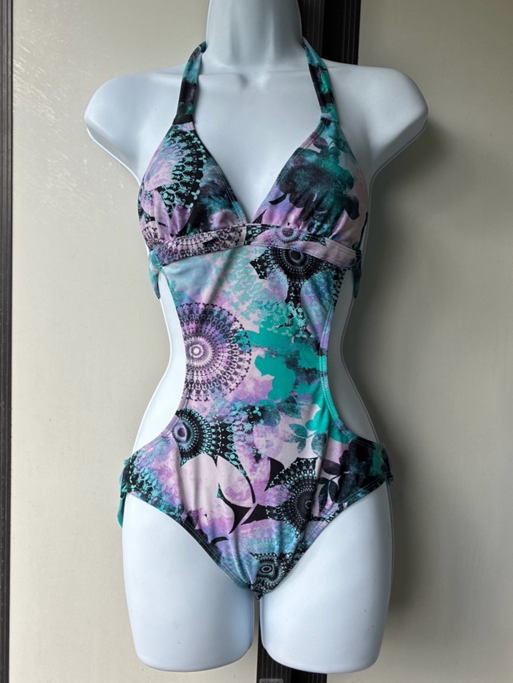 Cutout One-Piece Swimsuit in Teal & Lavender - Women Swim One Pieces